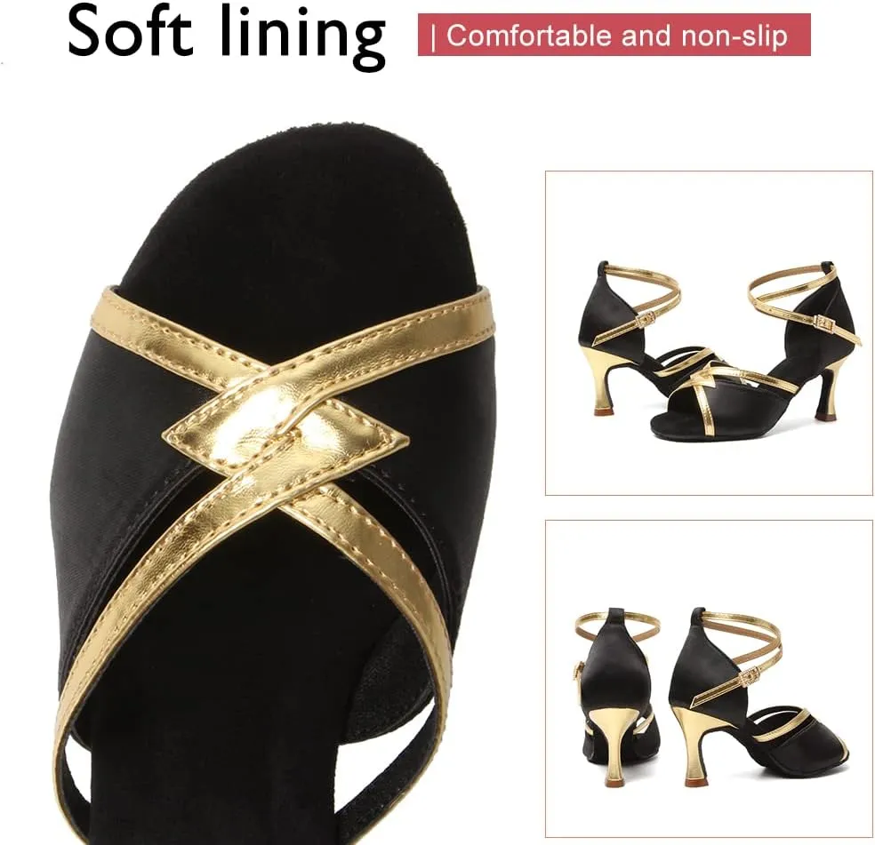 HIPPOSEUS Women Satin Latin Ballroom Dance Shoes Open Toe Tango Salsa Ballroom Party Performance Dancing Shoes,Model 807