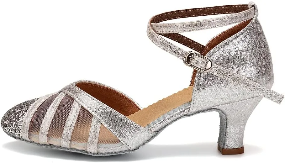 HIPPOSEUS Women's Closed Toe Latin Ballroom Dance Shoes Sequin Salsa Tango Scocial Practice Dancer Shoes,Model 105