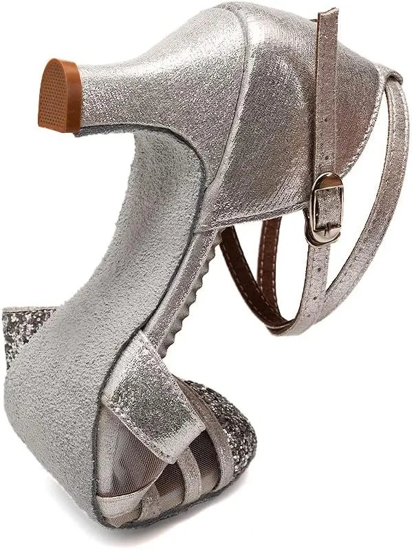 HIPPOSEUS Women's Closed Toe Latin Ballroom Dance Shoes Sequin Salsa Tango Scocial Practice Dancer Shoes,Model 105