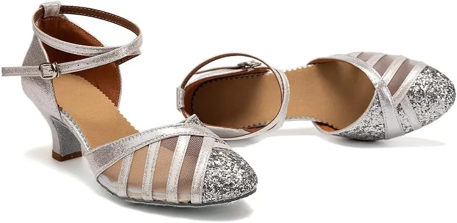 HIPPOSEUS Women's Closed Toe Latin Ballroom Dance Shoes Sequin Salsa Tango Scocial Practice Dancer Shoes,Model 105
