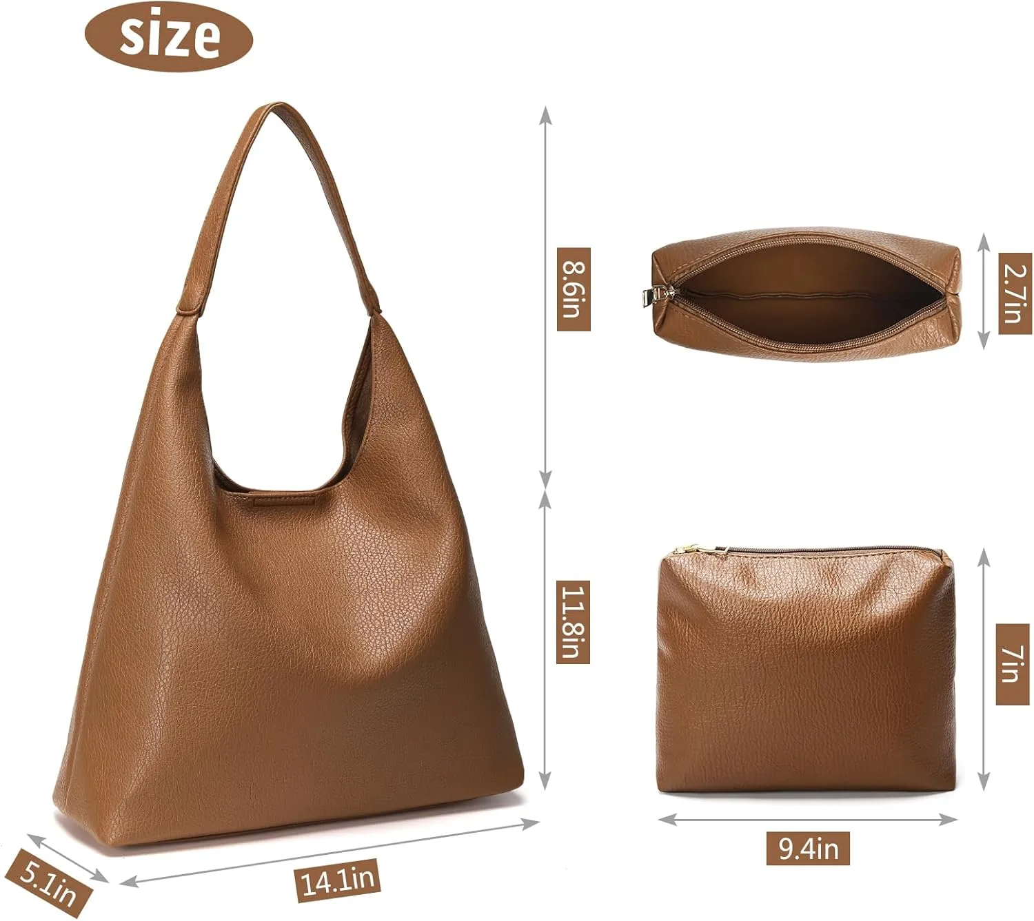 Hobo Bags for Women, Soft Vegan Leather Shoulder Handbags, Slouchy Tote Purses with Cosmetic Bag