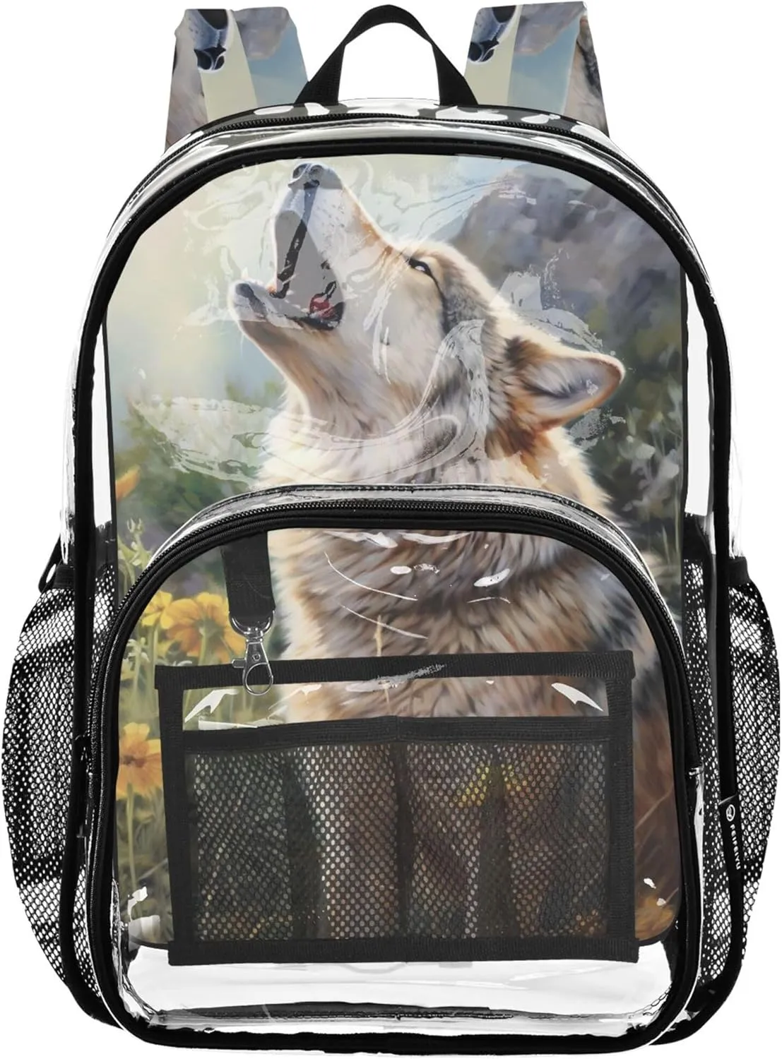 Howling Wolf Scene Travel Clear Backpack Floral Boys Backpacks for Girls Plastic School Clear Bookbag