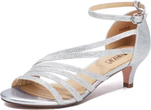 IDIFU Women's Low Kitten Strappy Sandals Heels Open Toe Ankle Strap Bridal Dress Wedding Shoes For Women
