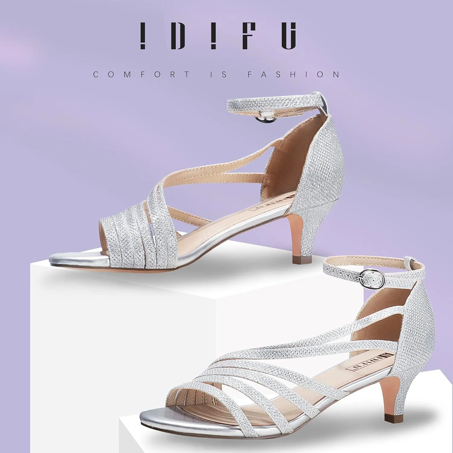 IDIFU Women's Low Kitten Strappy Sandals Heels Open Toe Ankle Strap Bridal Dress Wedding Shoes For Women