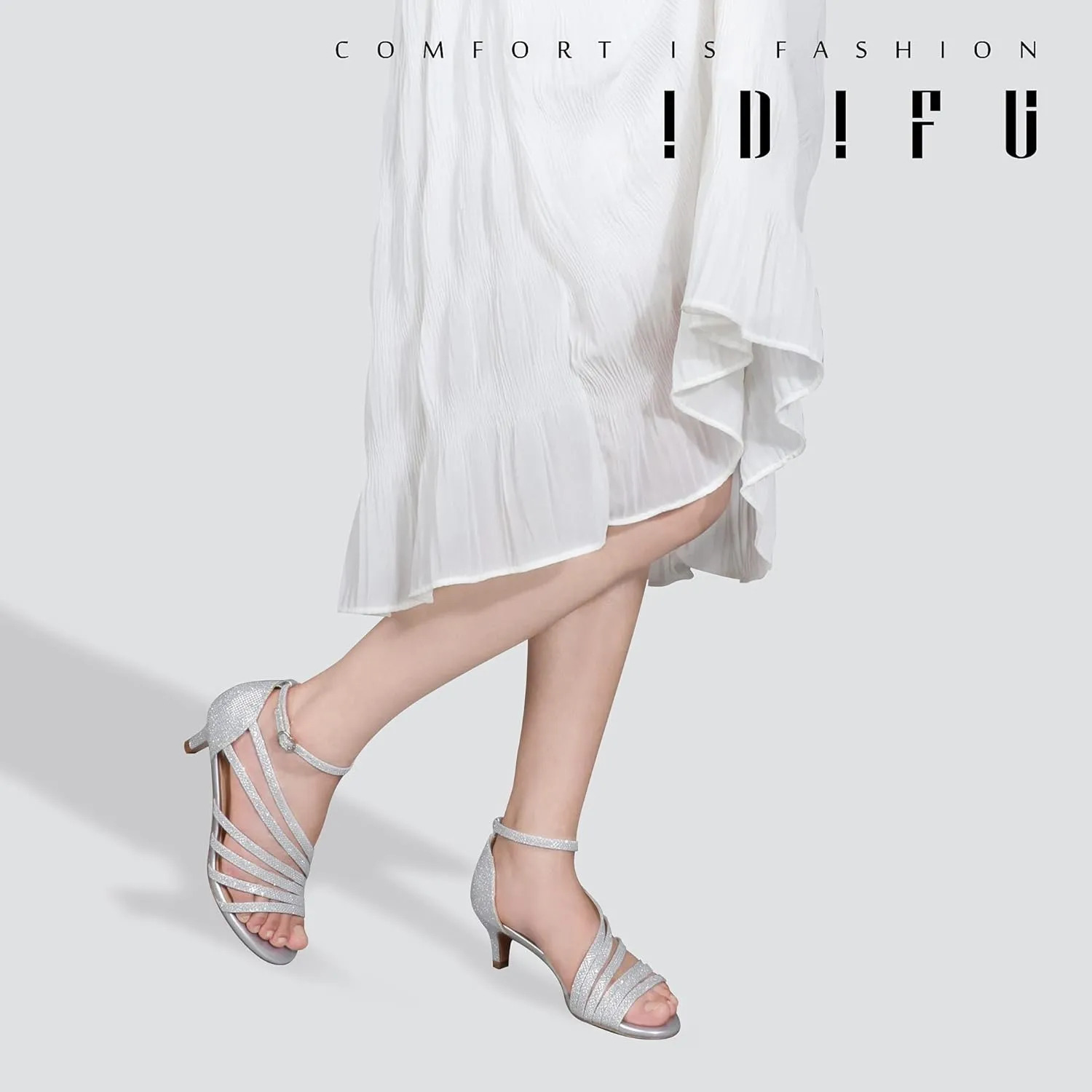IDIFU Women's Low Kitten Strappy Sandals Heels Open Toe Ankle Strap Bridal Dress Wedding Shoes For Women