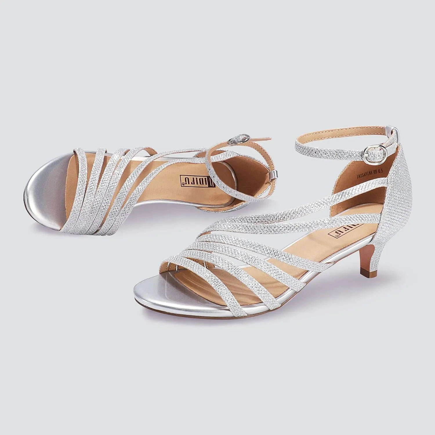 IDIFU Women's Low Kitten Strappy Sandals Heels Open Toe Ankle Strap Bridal Dress Wedding Shoes For Women