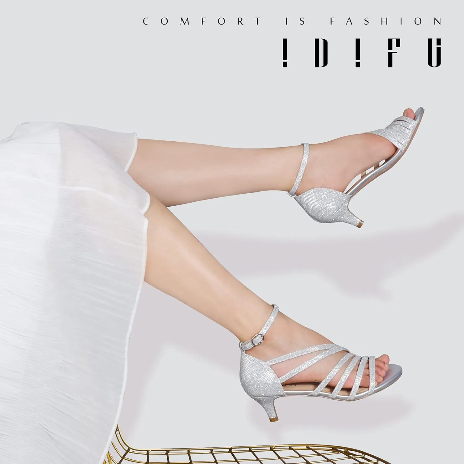 IDIFU Women's Low Kitten Strappy Sandals Heels Open Toe Ankle Strap Bridal Dress Wedding Shoes For Women
