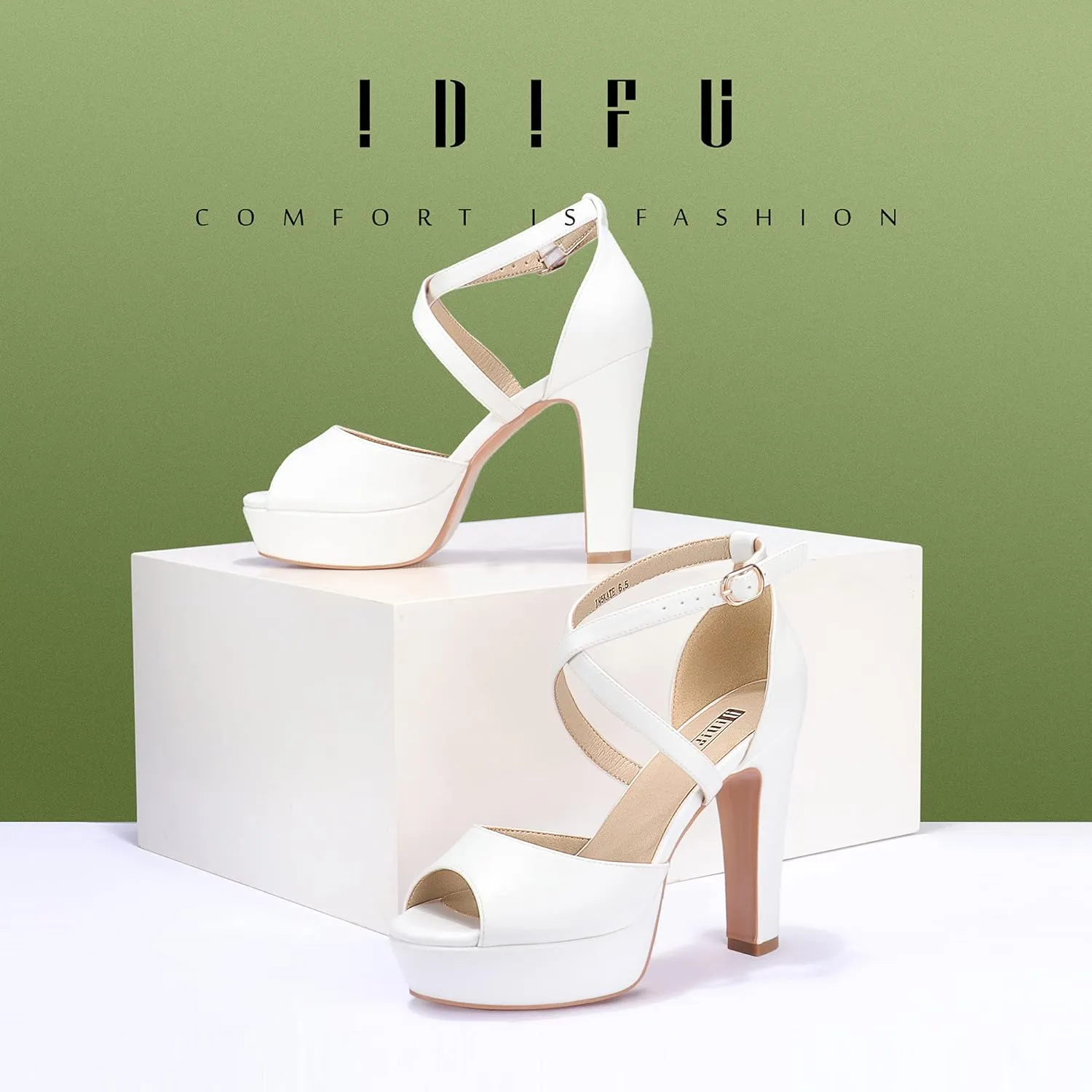 IDIFU Women's Platform Chunky High Heels Dress Sandals Peep Toe Ankle Strap Wedding Party Evening Shoes for Women Bride