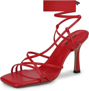 ISNOM Lace Up Heels Sandals for Women, Square Toe, Open Toe Thong, Stiletto Heels Design