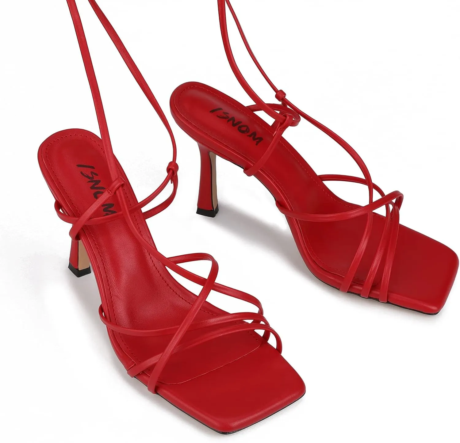 ISNOM Lace Up Heels Sandals for Women, Square Toe, Open Toe Thong, Stiletto Heels Design