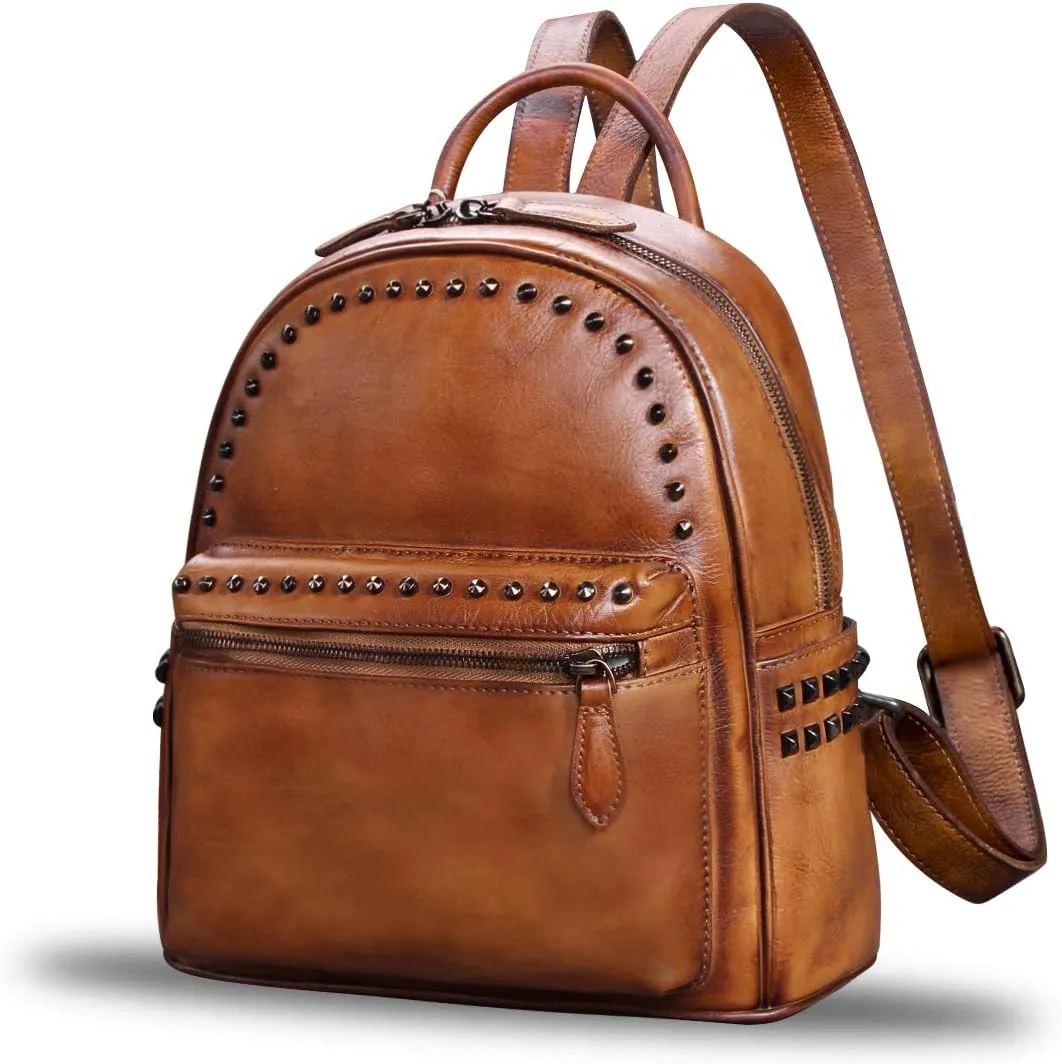 IVTG Genuine Leather Backpack for Women Vintage Real Leather Knapsack purse Shoulder Rucksack Fashion Daypack Bag (Brown)