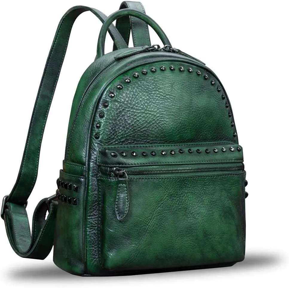 IVTG Genuine Leather Backpack for Women Vintage Real Leather Knapsack purse Shoulder Rucksack Fashion Daypack Bag (Green)