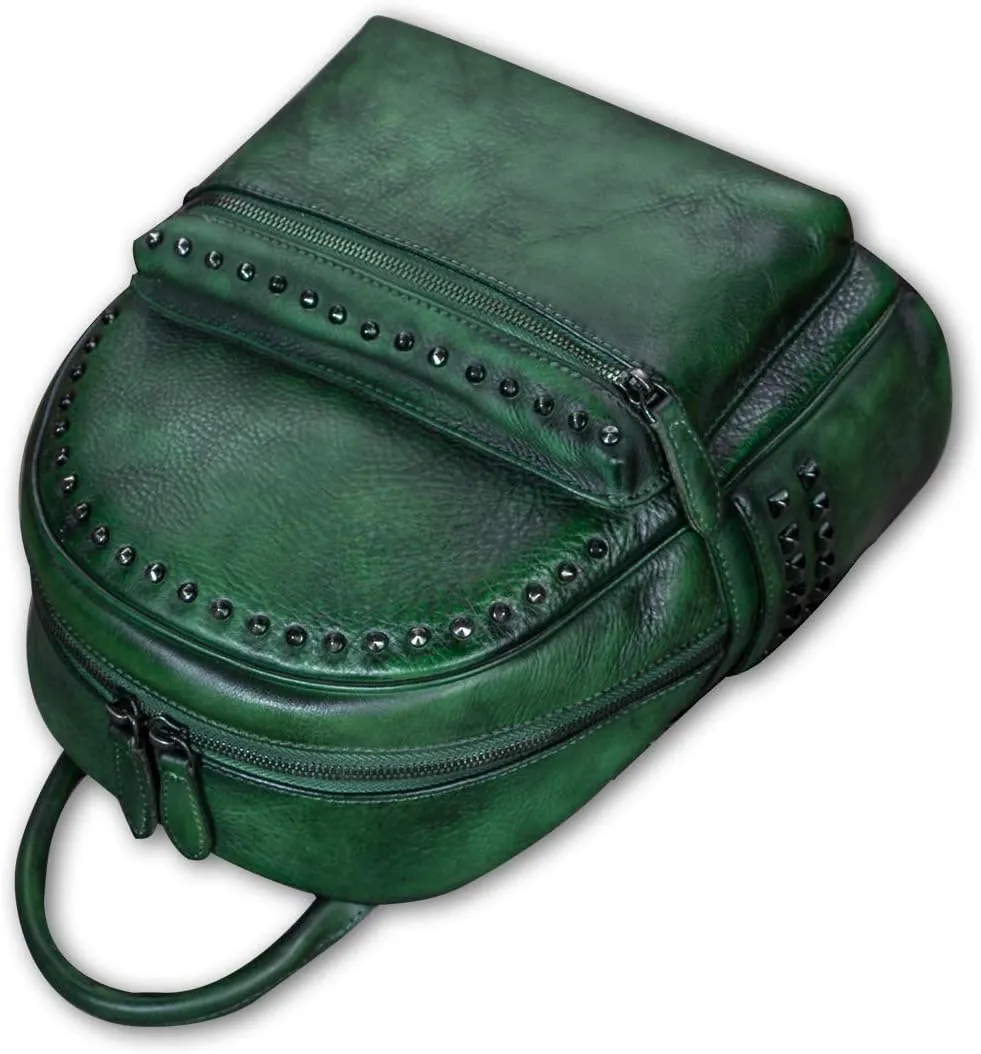IVTG Genuine Leather Backpack for Women Vintage Real Leather Knapsack purse Shoulder Rucksack Fashion Daypack Bag (Green)