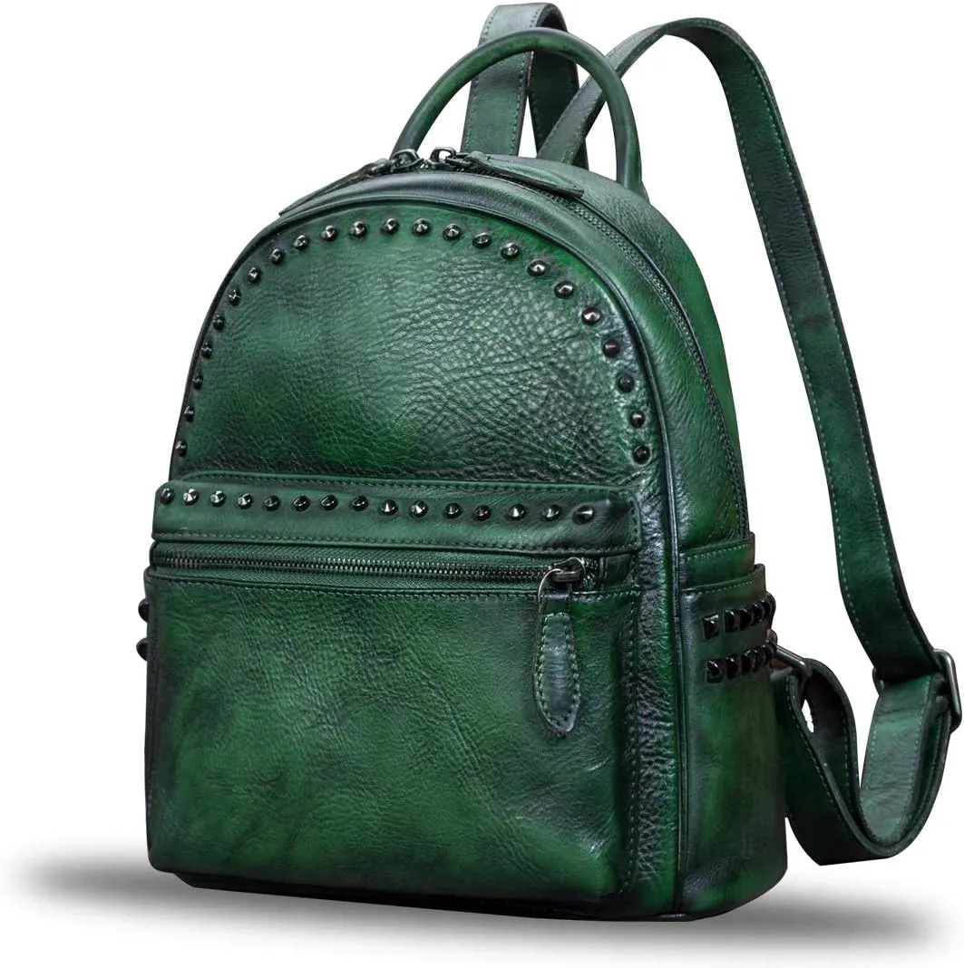 IVTG Genuine Leather Backpack for Women Vintage Real Leather Knapsack purse Shoulder Rucksack Fashion Daypack Bag (Green)