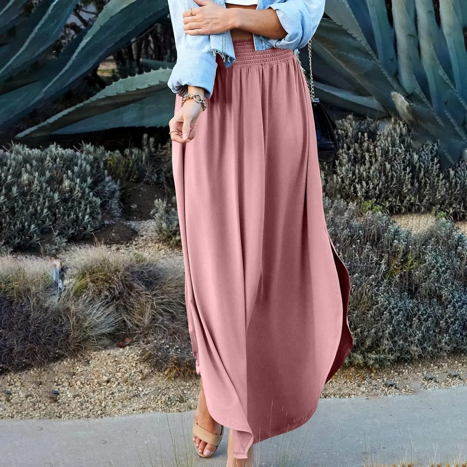JJHAEVDY Skirts for Women Solid Irregular Hem Maxi Skirt Elastic High Waisted Skirts Loose Casual Fashion Skirts with Pockets