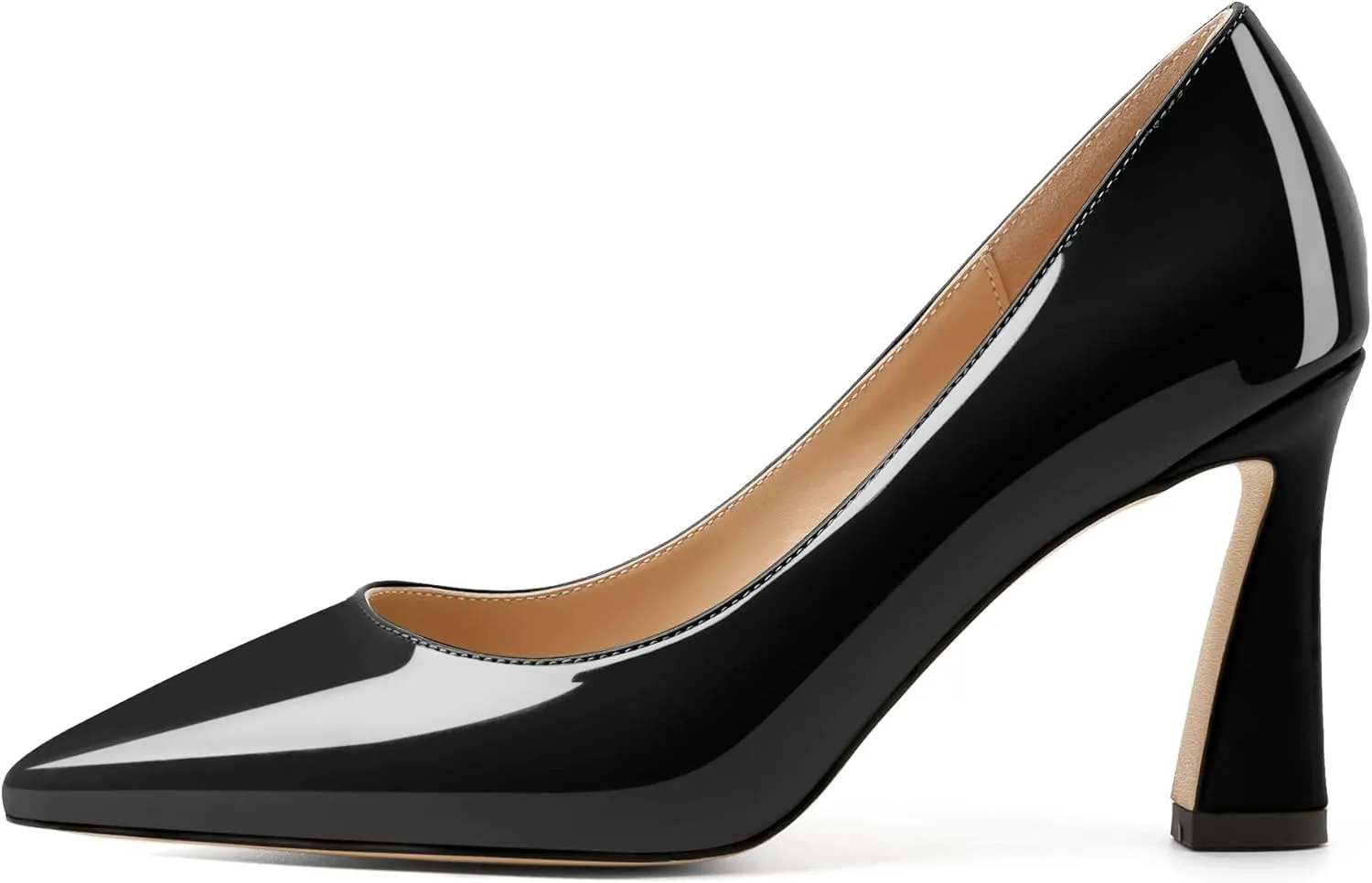 Joseywade Womens High Heels Pointed Toe Stilettos Heel Pumps Slip-on Closed Toe 3.5 Inch Flare Heels Leather Dress Shoes