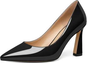 Joseywade Womens High Heels Pointed Toe Stilettos Heel Pumps Slip-on Closed Toe 3.5 Inch Flare Heels Leather Dress Shoes