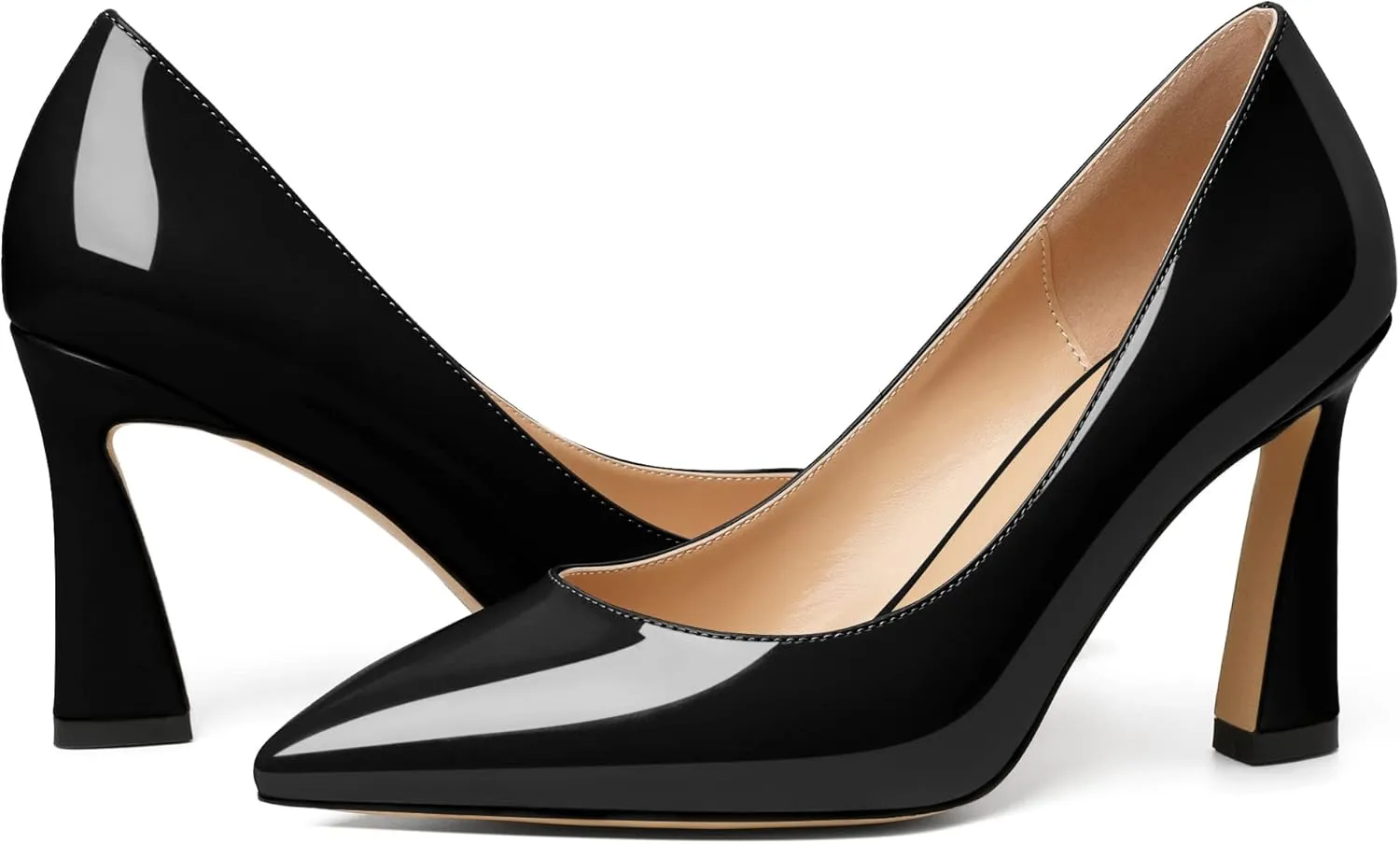 Joseywade Womens High Heels Pointed Toe Stilettos Heel Pumps Slip-on Closed Toe 3.5 Inch Flare Heels Leather Dress Shoes