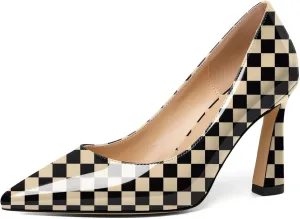 Joseywade Womens High Heels Pointed Toe Stilettos Heel Pumps Slip-on Closed Toe 3.5 Inch Flare Heels Leather Dress Shoes