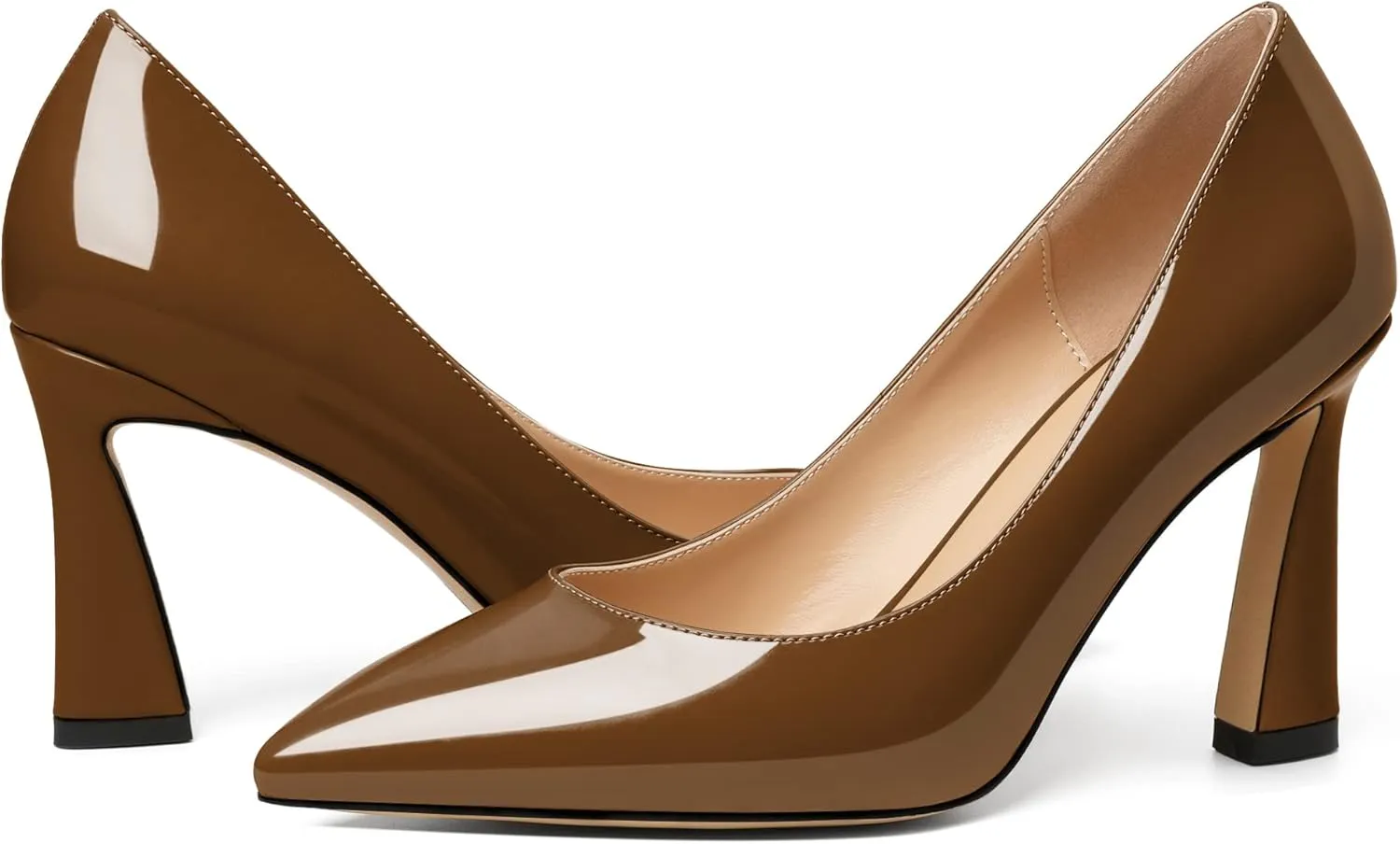 Joseywade Womens High Heels Pointed Toe Stilettos Heel Pumps Slip-on Closed Toe 3.5 Inch Flare Heels Leather Dress Shoes