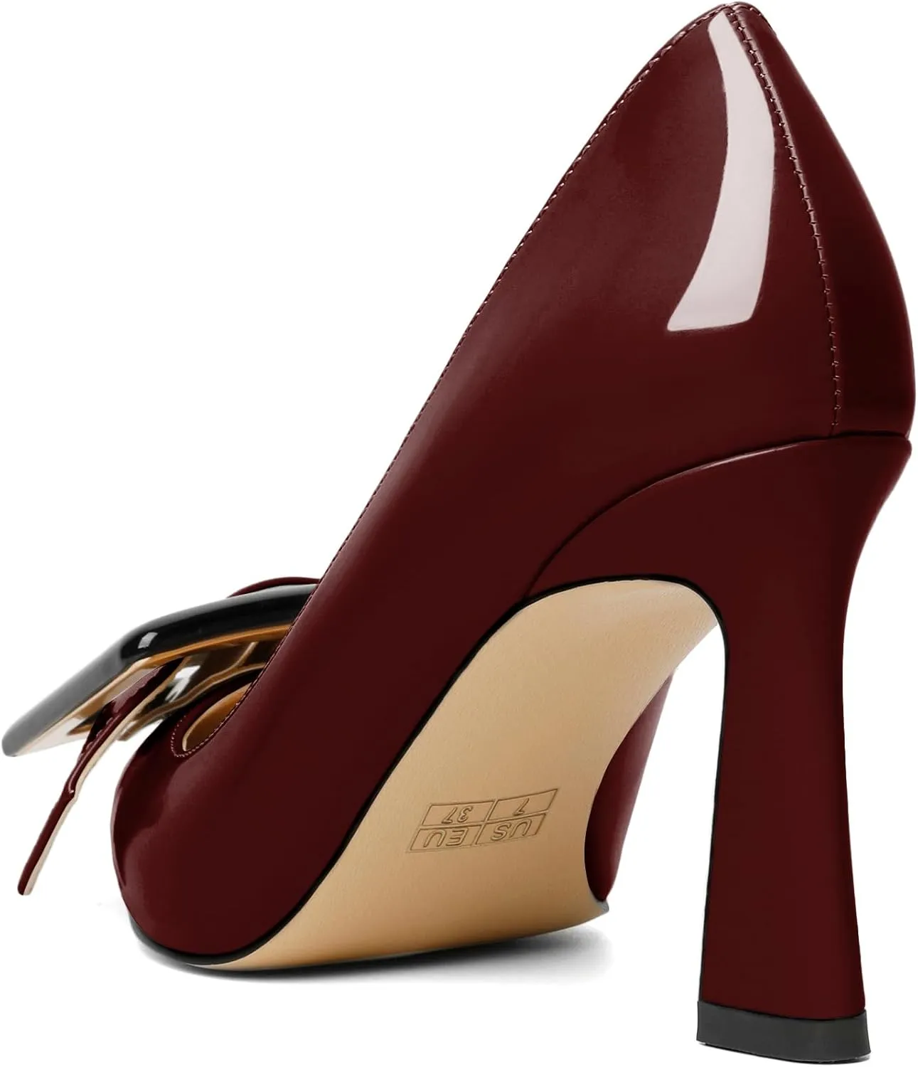 Joseywade Womens High Stilettos Heels Pointed Toe Pumps Slip-on Closed Toe Big Buckle 3.5 Inch Flare Heel Dress Shoes