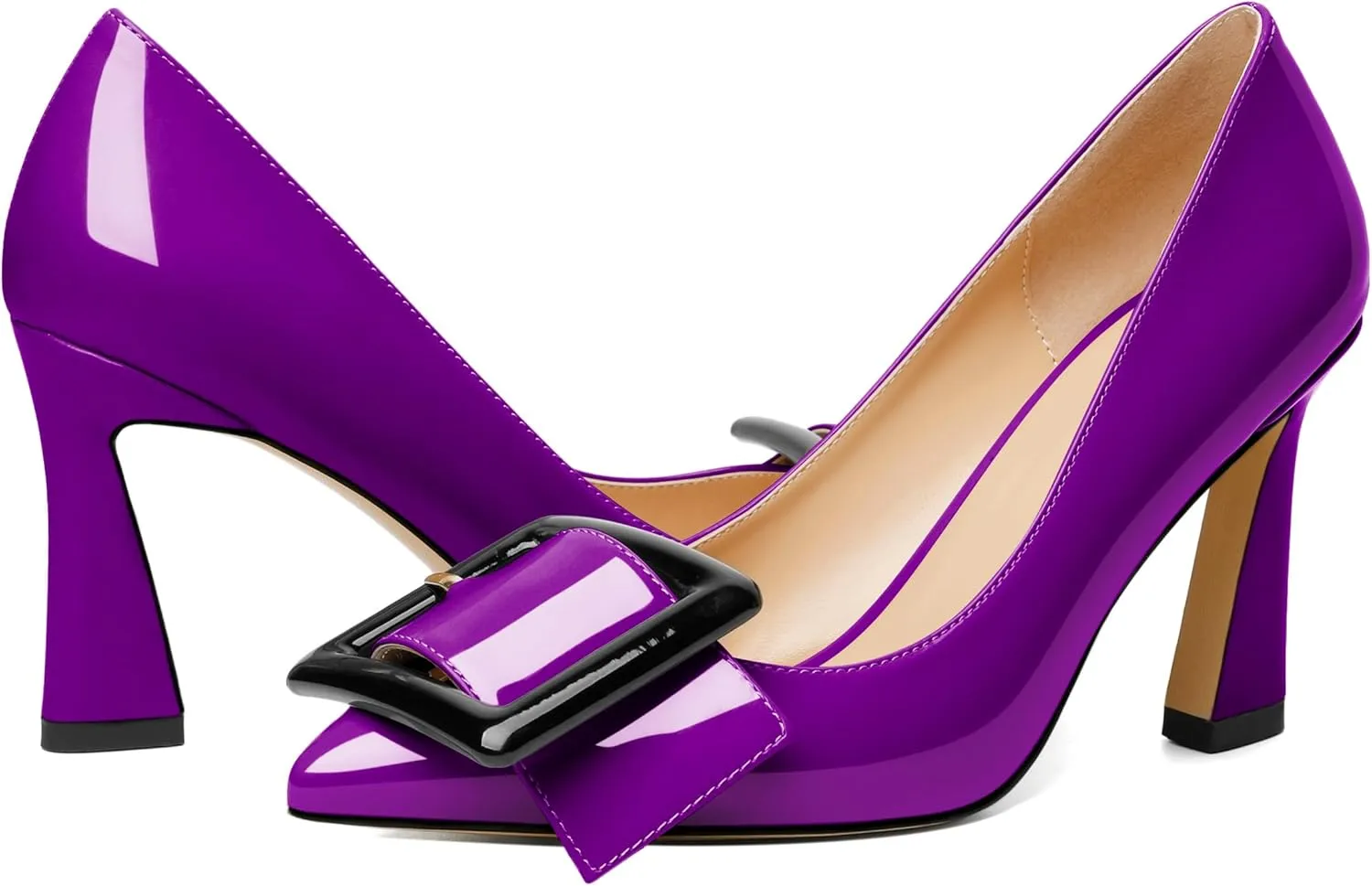 Joseywade Womens High Stilettos Heels Pointed Toe Pumps Slip-on Closed Toe Big Buckle 3.5 Inch Flare Heel Dress Shoes