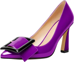Joseywade Womens High Stilettos Heels Pointed Toe Pumps Slip-on Closed Toe Big Buckle 3.5 Inch Flare Heel Dress Shoes