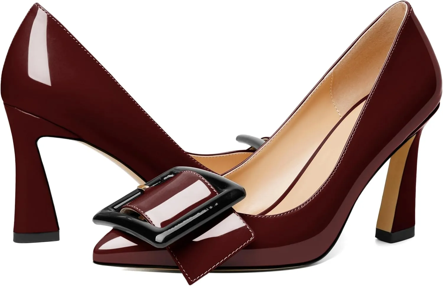 Joseywade Womens High Stilettos Heels Pointed Toe Pumps Slip-on Closed Toe Big Buckle 3.5 Inch Flare Heel Dress Shoes