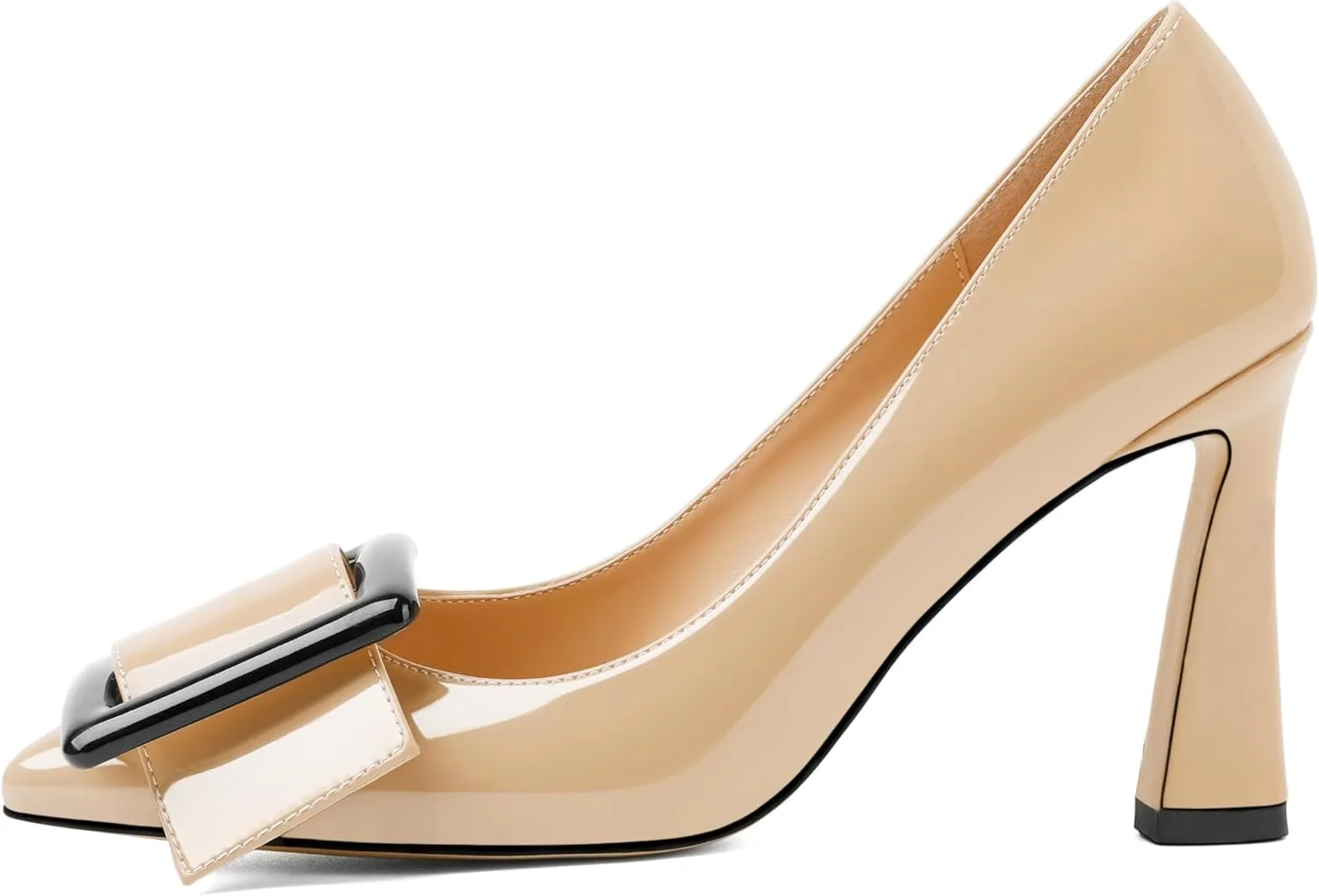 Joseywade Womens High Stilettos Heels Pointed Toe Pumps Slip-on Closed Toe Big Buckle 3.5 Inch Flare Heel Dress Shoes