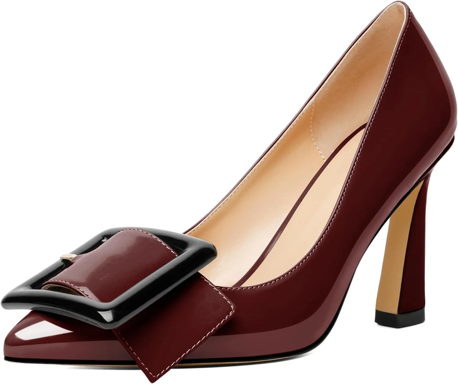 Joseywade Womens High Stilettos Heels Pointed Toe Pumps Slip-on Closed Toe Big Buckle 3.5 Inch Flare Heel Dress Shoes