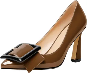 Joseywade Womens High Stilettos Heels Pointed Toe Pumps Slip-on Closed Toe Big Buckle 3.5 Inch Flare Heel Dress Shoes