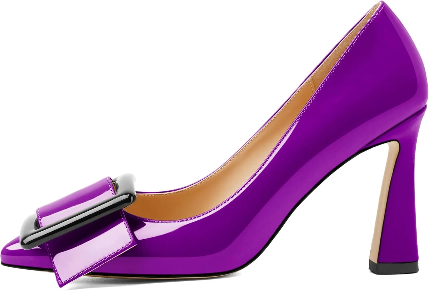 Joseywade Womens High Stilettos Heels Pointed Toe Pumps Slip-on Closed Toe Big Buckle 3.5 Inch Flare Heel Dress Shoes
