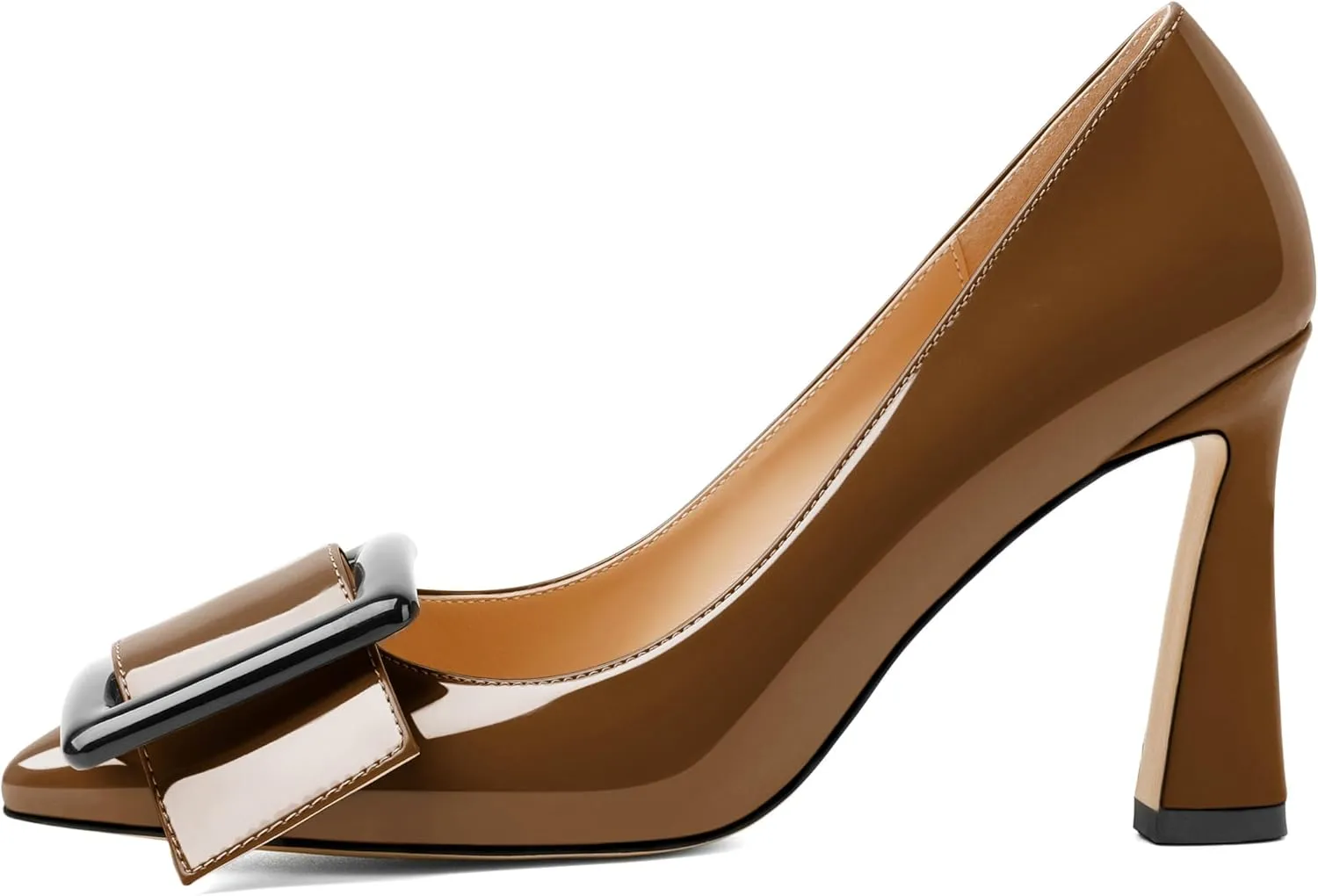 Joseywade Womens High Stilettos Heels Pointed Toe Pumps Slip-on Closed Toe Big Buckle 3.5 Inch Flare Heel Dress Shoes