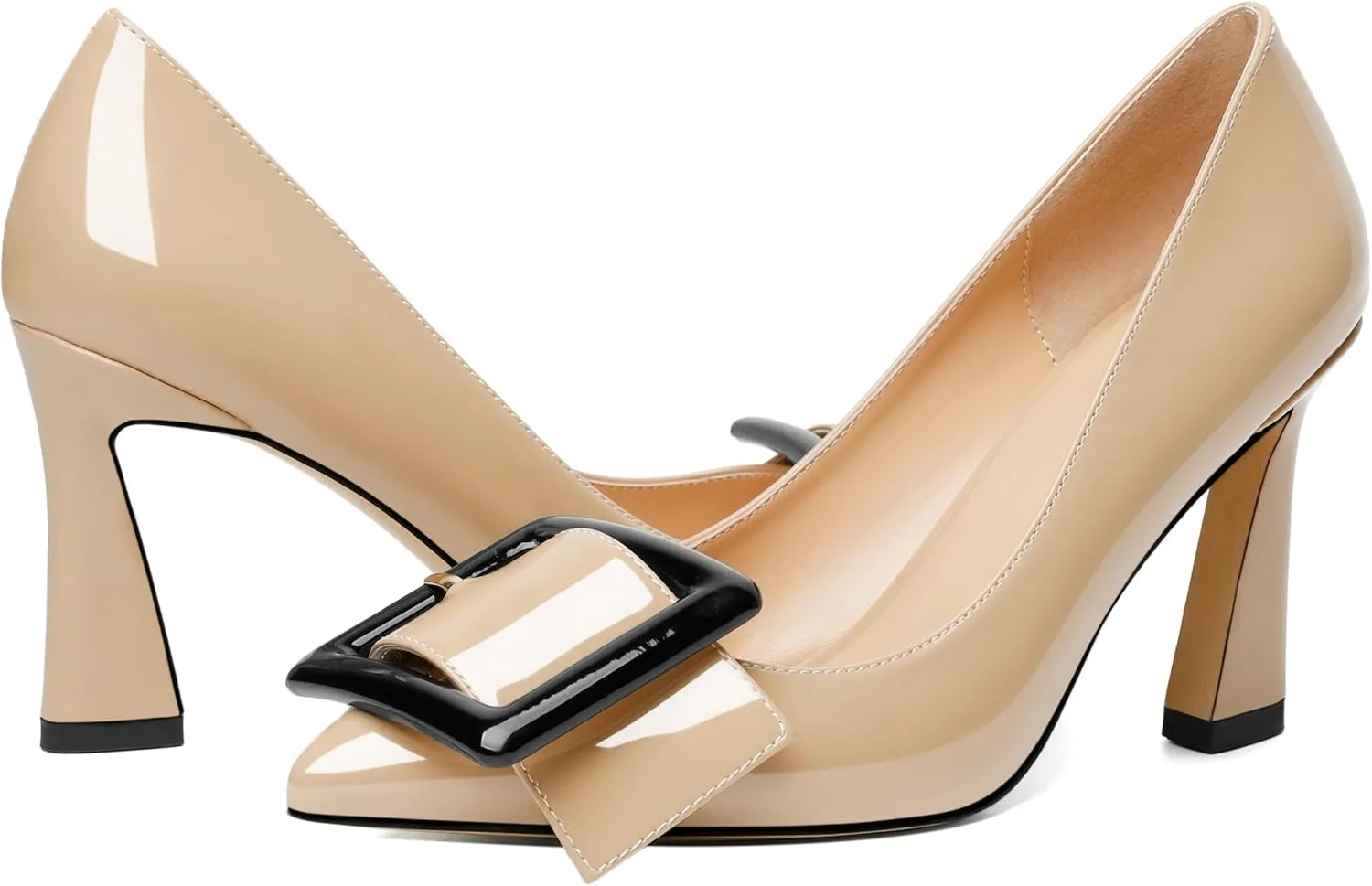 Joseywade Womens High Stilettos Heels Pointed Toe Pumps Slip-on Closed Toe Big Buckle 3.5 Inch Flare Heel Dress Shoes