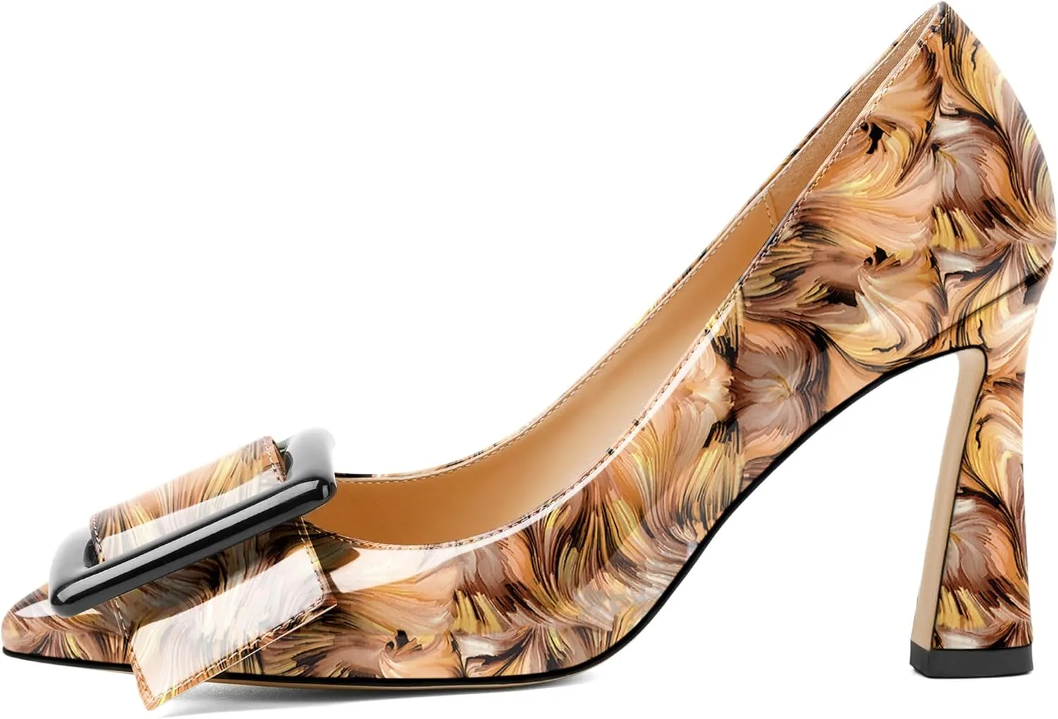 Joseywade Womens High Stilettos Heels Pointed Toe Pumps Slip-on Closed Toe Big Buckle 3.5 Inch Flare Heel Dress Shoes