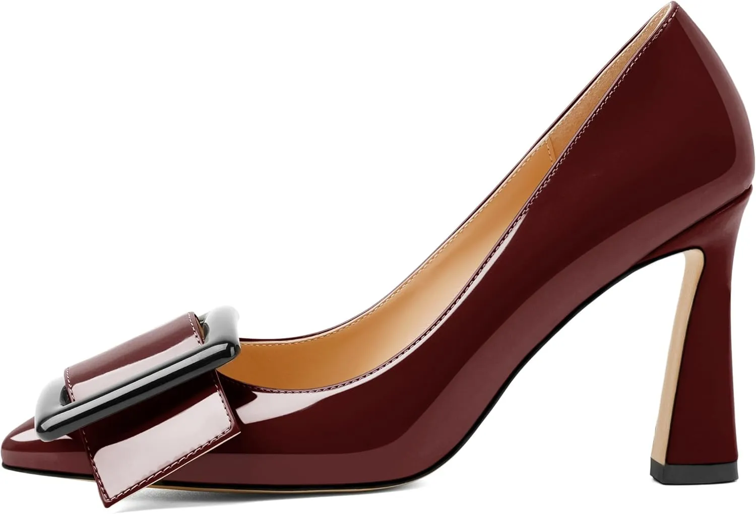 Joseywade Womens High Stilettos Heels Pointed Toe Pumps Slip-on Closed Toe Big Buckle 3.5 Inch Flare Heel Dress Shoes