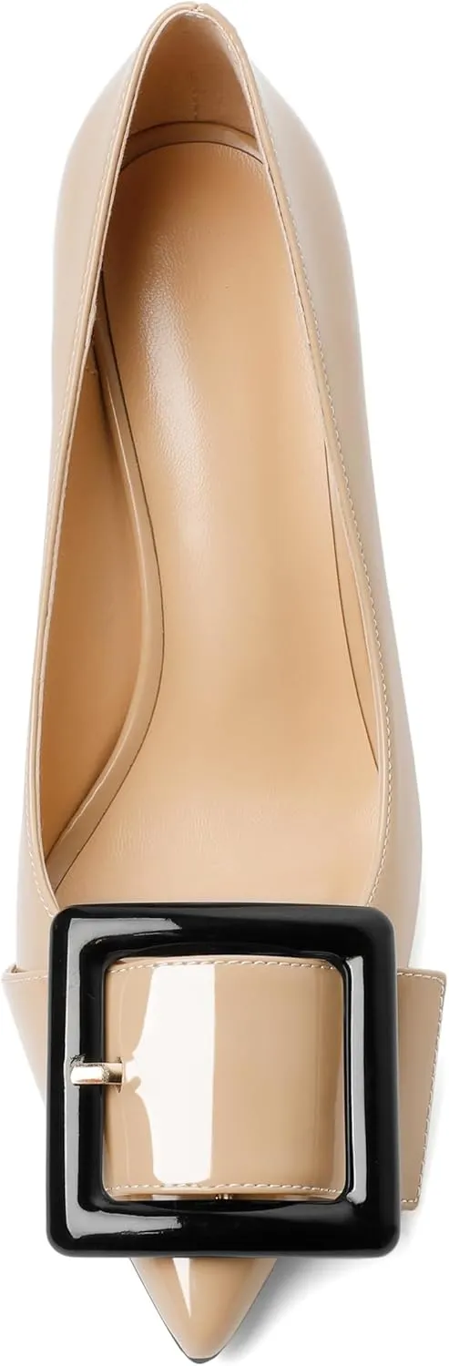 Joseywade Womens High Stilettos Heels Pointed Toe Pumps Slip-on Closed Toe Big Buckle 3.5 Inch Flare Heel Dress Shoes