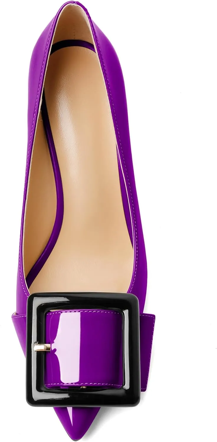 Joseywade Womens High Stilettos Heels Pointed Toe Pumps Slip-on Closed Toe Big Buckle 3.5 Inch Flare Heel Dress Shoes