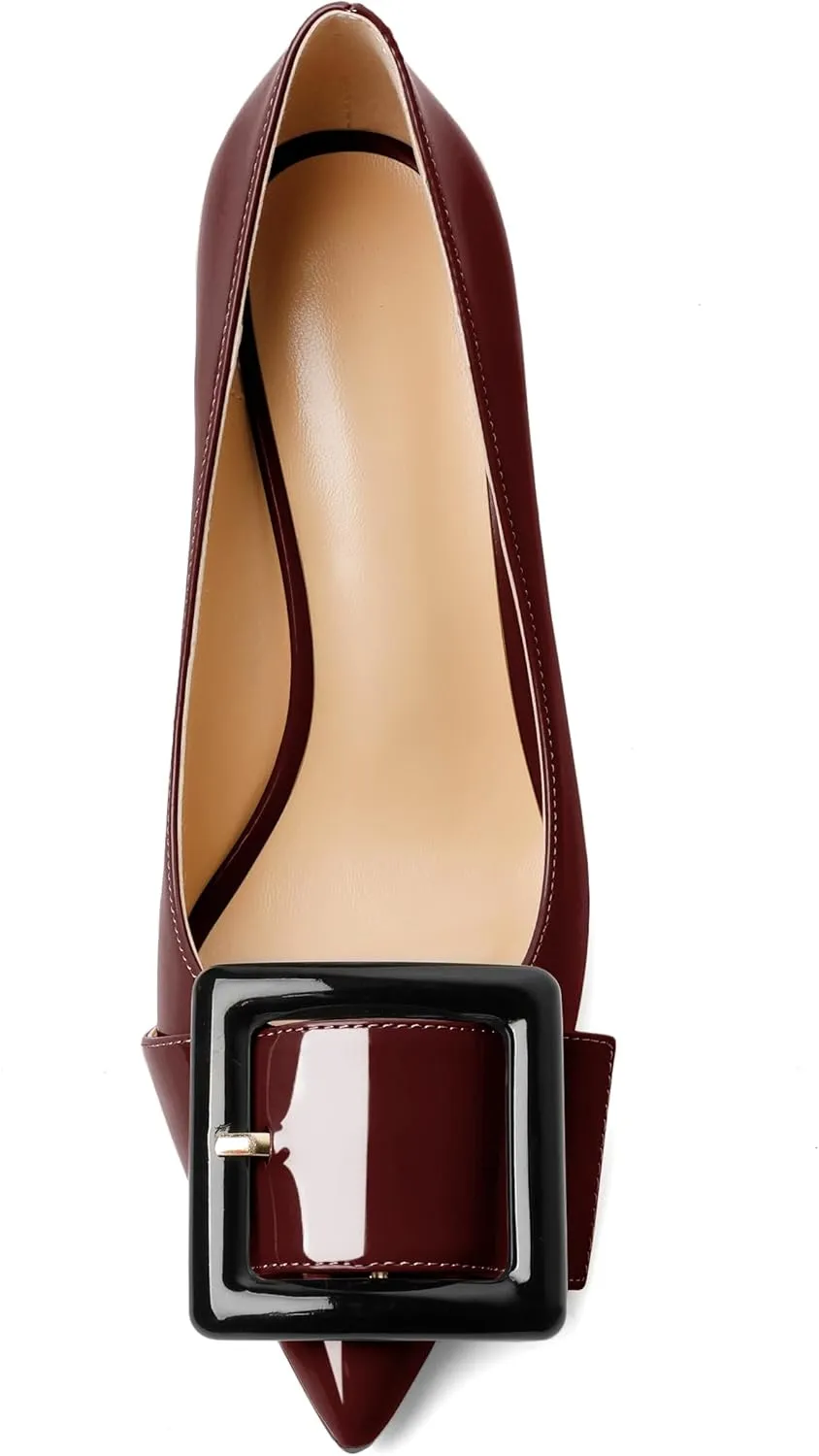 Joseywade Womens High Stilettos Heels Pointed Toe Pumps Slip-on Closed Toe Big Buckle 3.5 Inch Flare Heel Dress Shoes