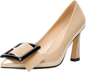 Joseywade Womens High Stilettos Heels Pointed Toe Pumps Slip-on Closed Toe Big Buckle 3.5 Inch Flare Heel Dress Shoes