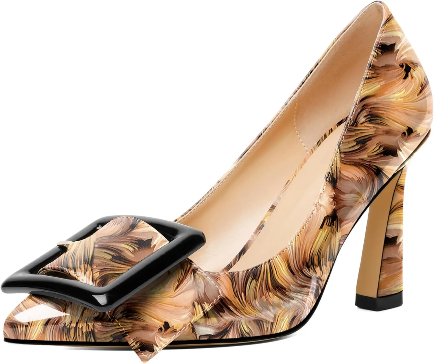 Joseywade Womens High Stilettos Heels Pointed Toe Pumps Slip-on Closed Toe Big Buckle 3.5 Inch Flare Heel Dress Shoes