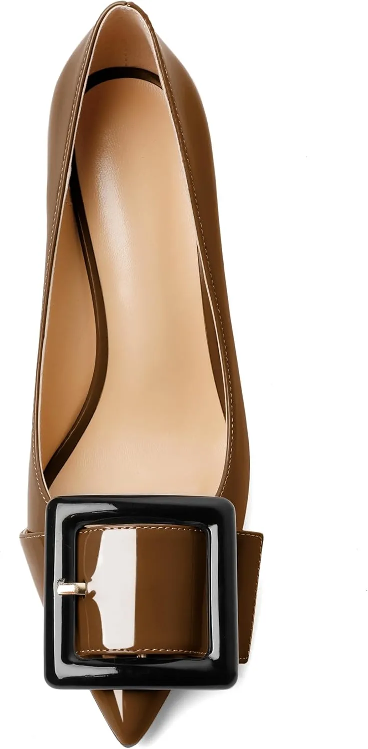 Joseywade Womens High Stilettos Heels Pointed Toe Pumps Slip-on Closed Toe Big Buckle 3.5 Inch Flare Heel Dress Shoes