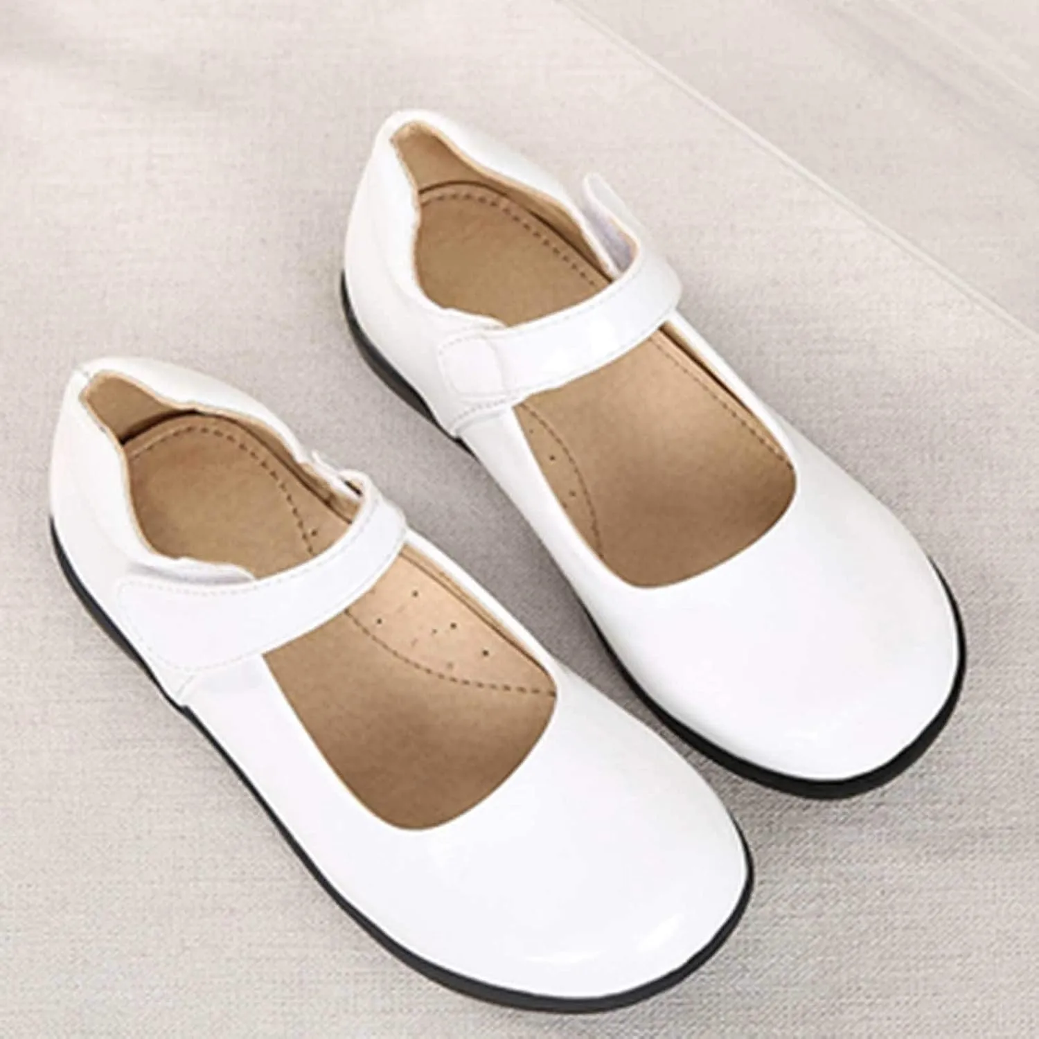 Kids Girls Mary Jane Flats Glossy Faux PU Leather Round Toe Shoes School Uniform Dress Shoes