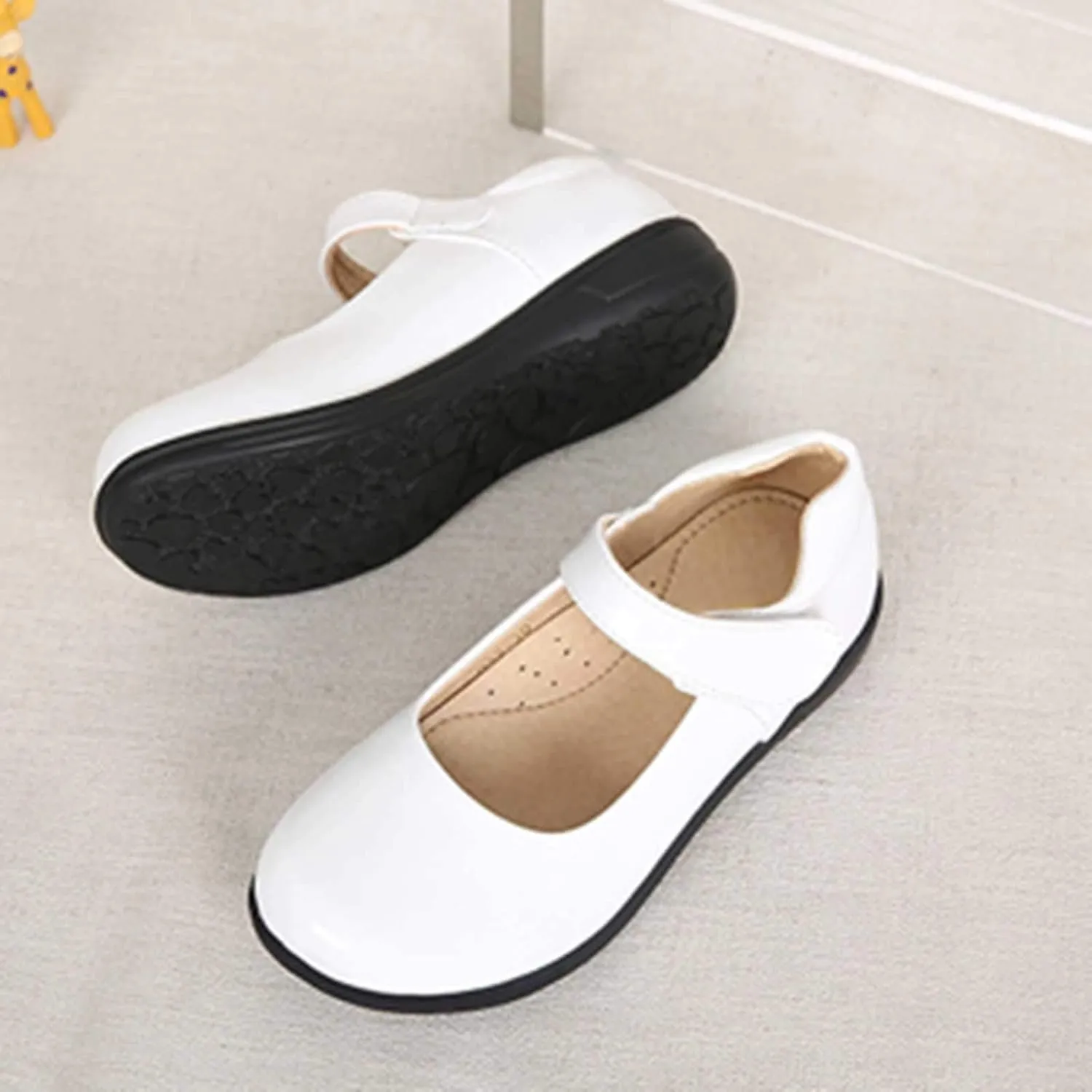 Kids Girls Mary Jane Flats Glossy Faux PU Leather Round Toe Shoes School Uniform Dress Shoes