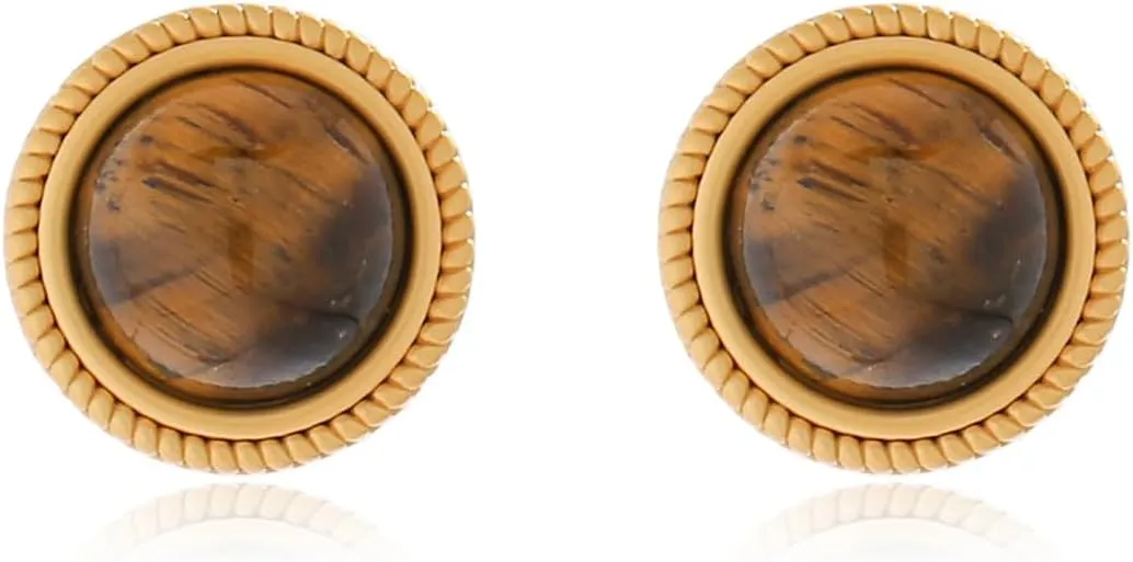 Kokoma Round Tiger Eye Stone Stud Earrings for Women 925 Sterling Silver Post Circle Half Statement Earrings Fashion Ear Jewelry