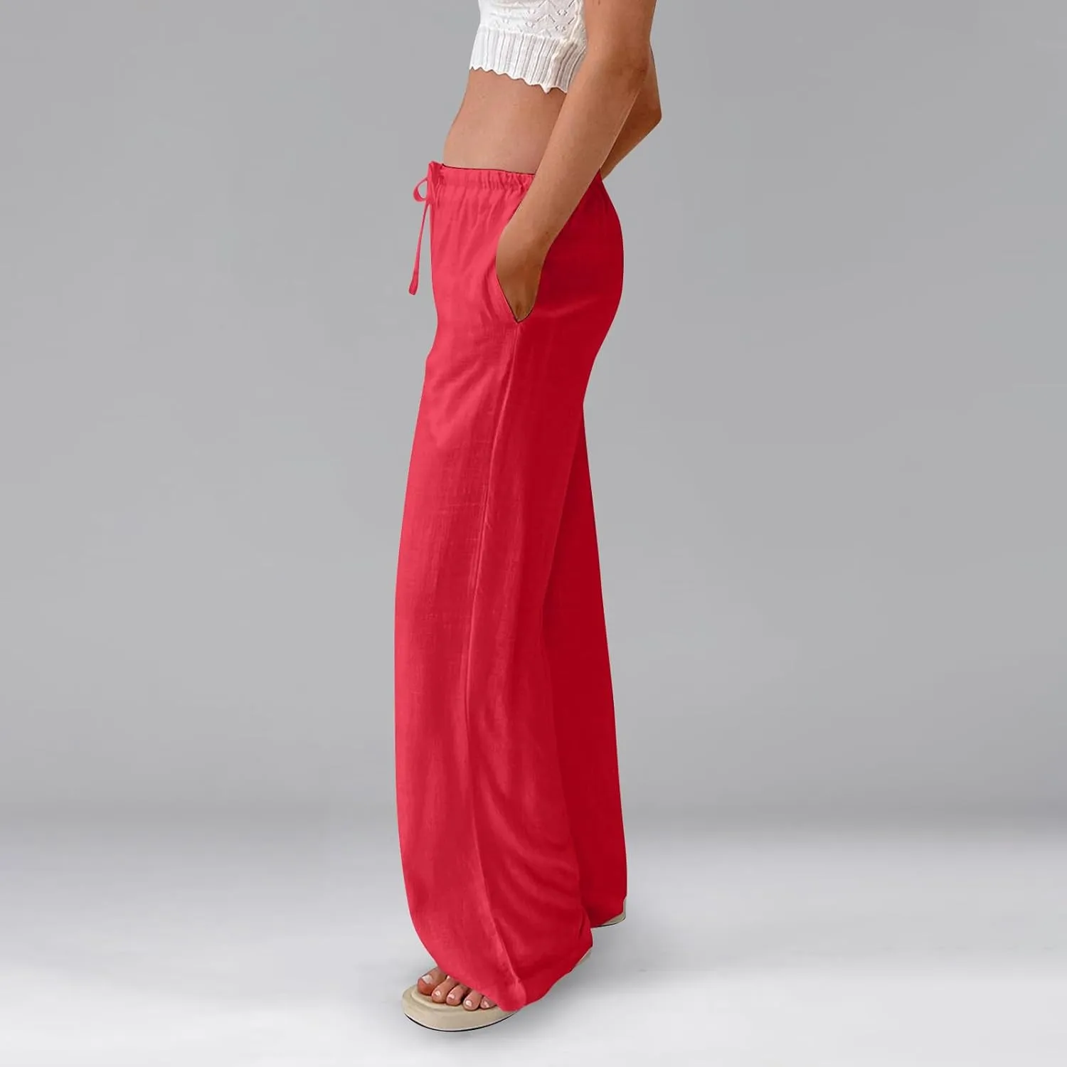 Ladies Linen Pants Summer Wide Leg Pants Drawstring Elastic High Waist Trousers Loose Petite Palazzo Pant with Pocket