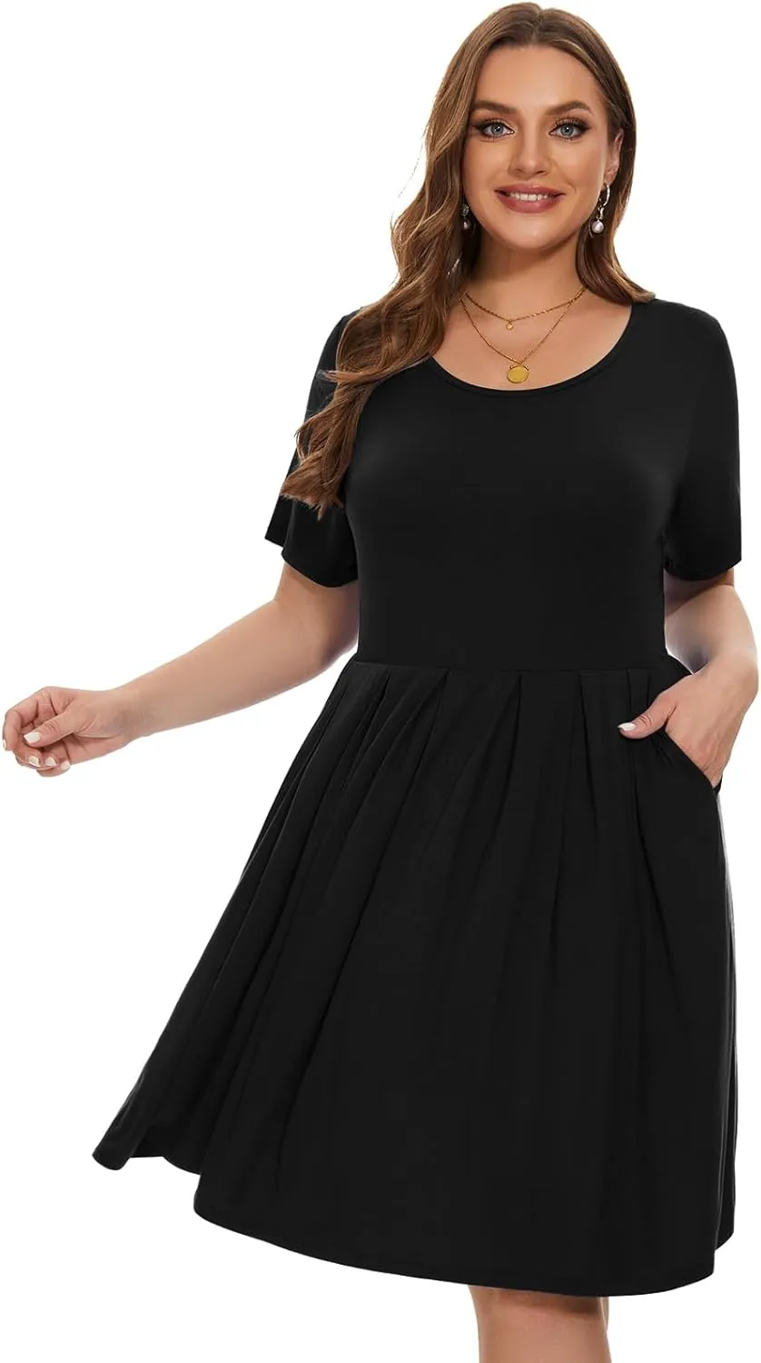 LARACE Women's Plus Size Summer Dress Short Sleeve Casual Pleated Swing Midi Dresses with Pockets