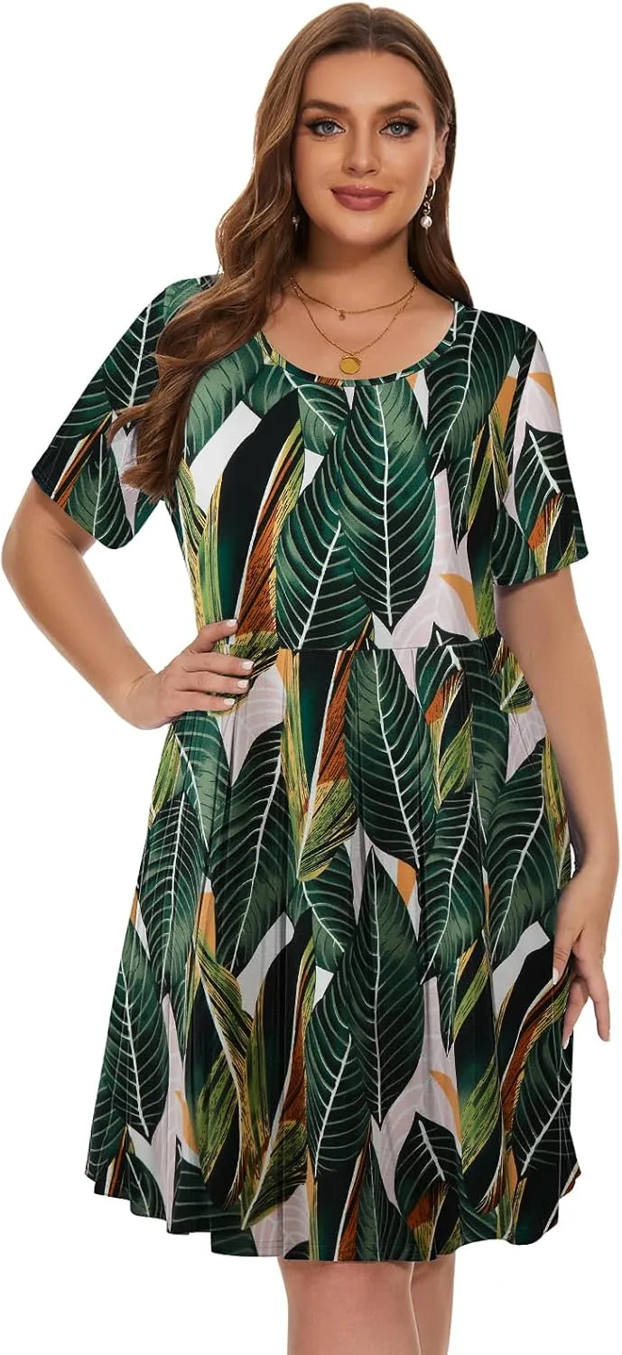 LARACE Women's Plus Size Summer Dress Short Sleeve Casual Pleated Swing Midi Dresses with Pockets