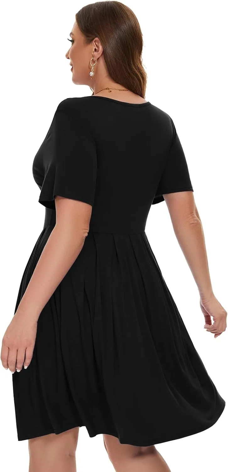 LARACE Women's Plus Size Summer Dress Short Sleeve Casual Pleated Swing Midi Dresses with Pockets
