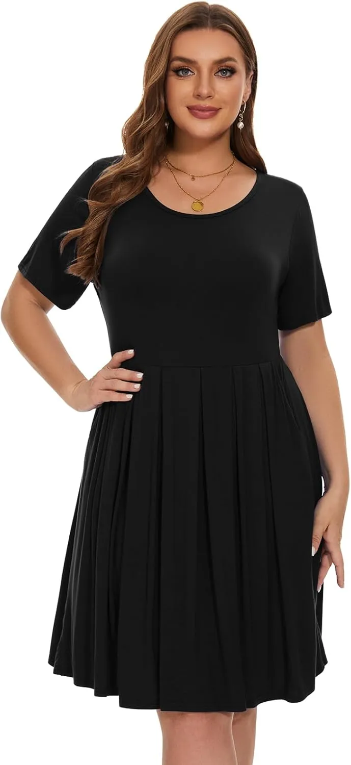 LARACE Women's Plus Size Summer Dress Short Sleeve Casual Pleated Swing Midi Dresses with Pockets